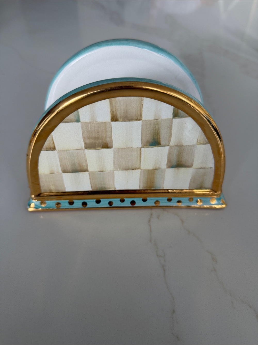 MacKenzie-Childs Aqua, White & Gold Check Napkin Holder